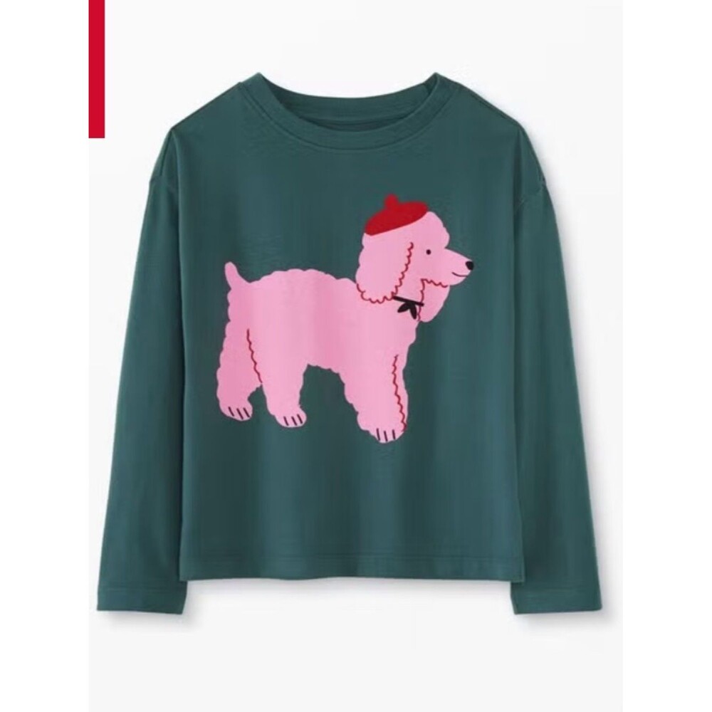 Green Long-Sleeve Tee with Pink Poodle Graphic